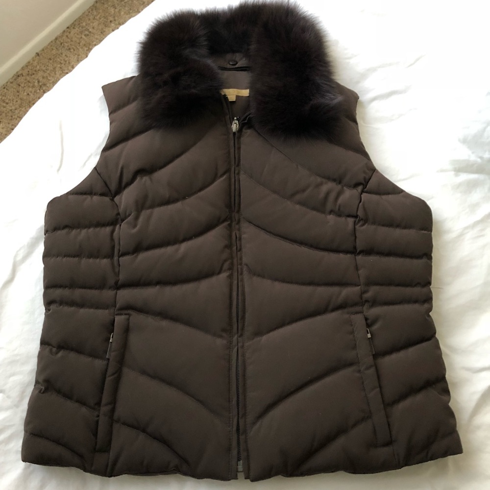 Dark brown puffy and fox fur vest